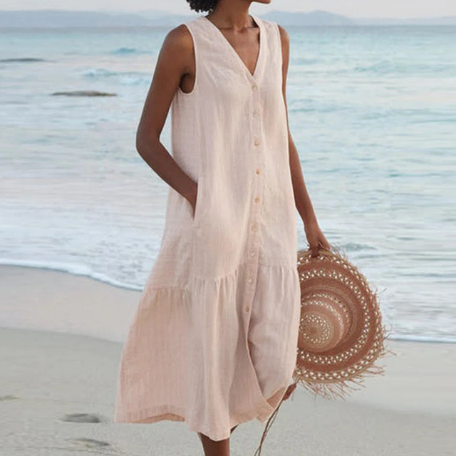 Women's Sleeveless Button-Front Linen Midi Dress