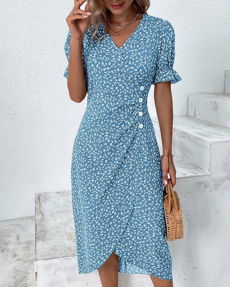 Women's Ditsy Print Faux Wrap Midi Dress