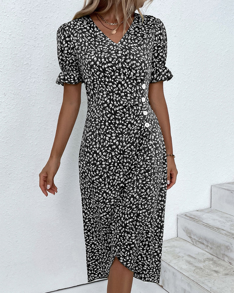 Women's Ditsy Print Faux Wrap Midi Dress