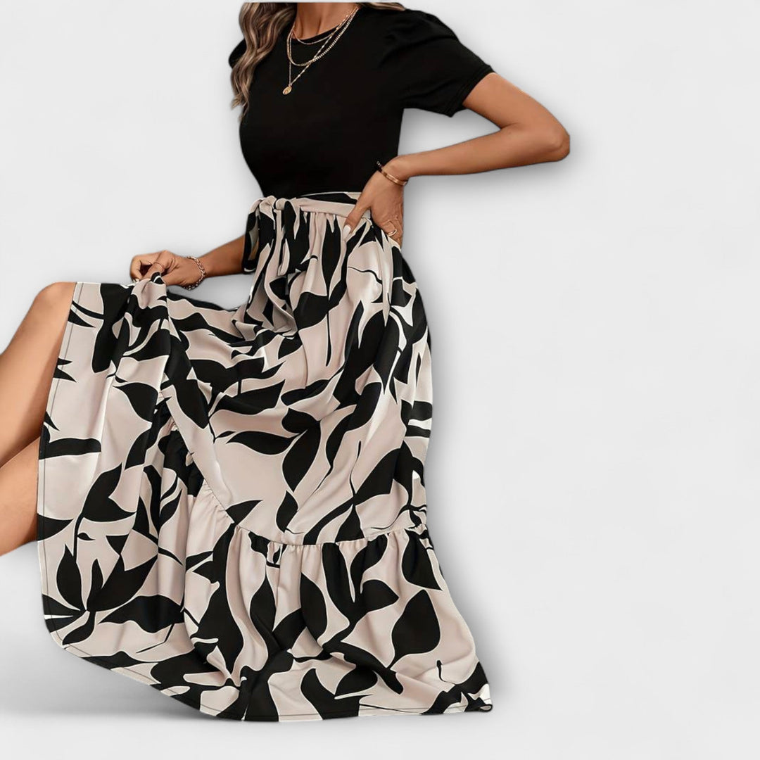 Women's Printed Two-Tone Maxi Dress with Leaf Print Skirt