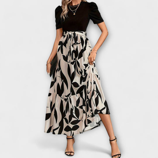 Women's Printed Two-Tone Maxi Dress with Leaf Print Skirt
