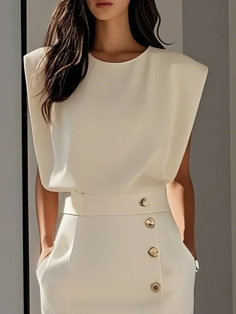 Elegantes ärmelloses Damenblusen- und Midirock-Set mit Knopfdetail