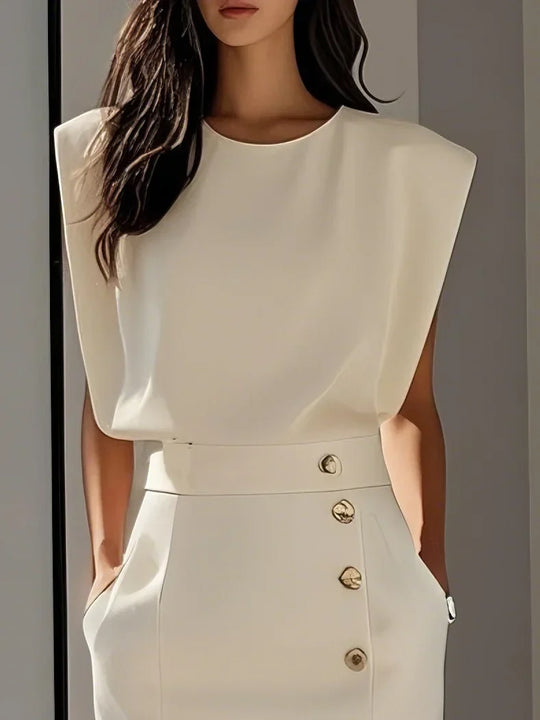 Elegantes ärmelloses Damenblusen- und Midirock-Set mit Knopfdetail