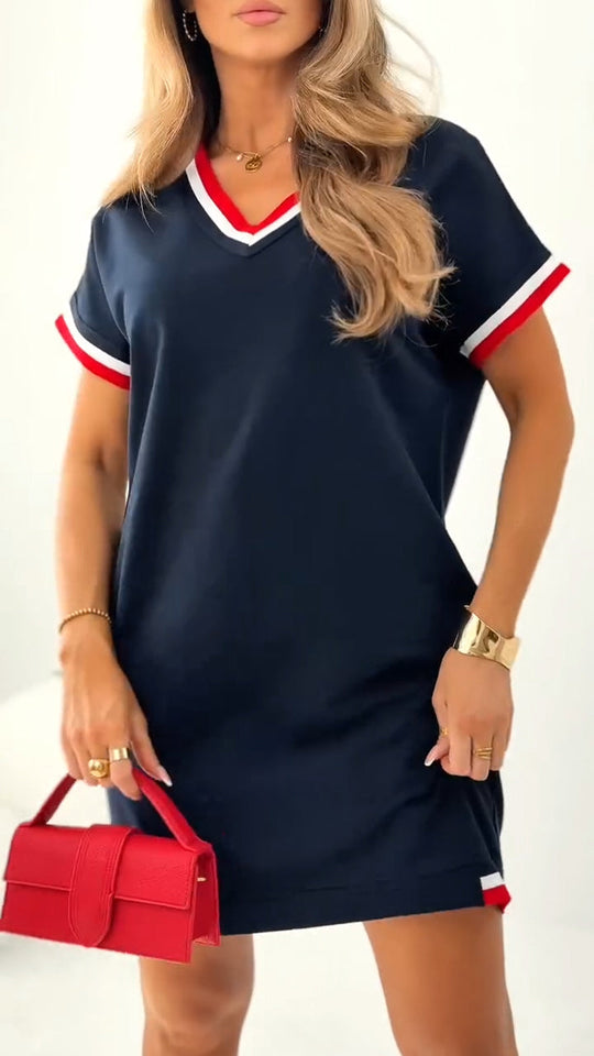 Damen T-Shirt-Kleid mit kontrastierendem V-Ausschnitt und Besatz
