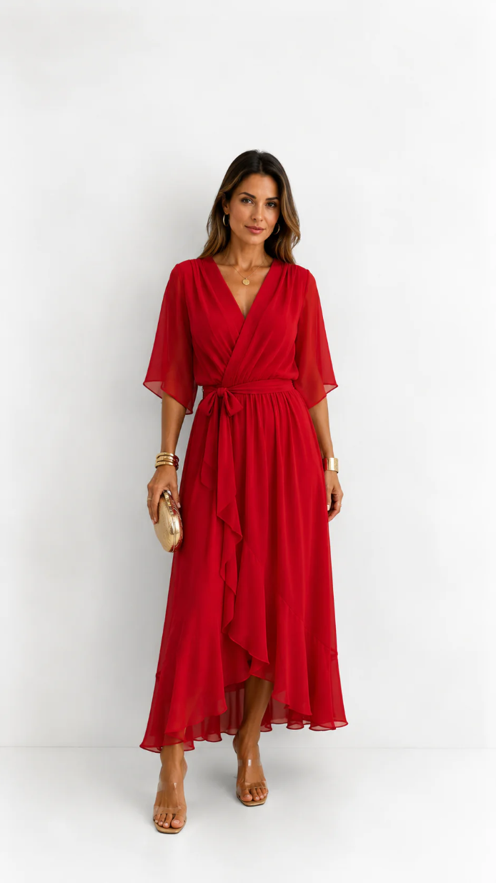 Women's V-Neck Tie Waist High Low Midi Dress