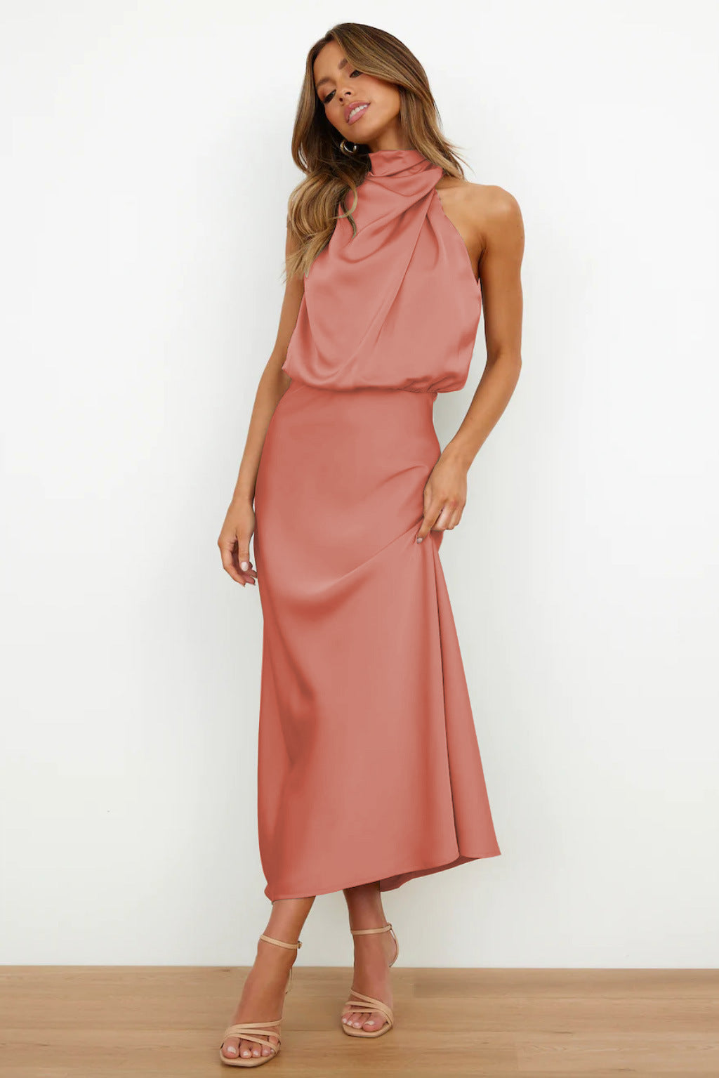 Women's Halter Neck Maxi Dress with Draped Bodice