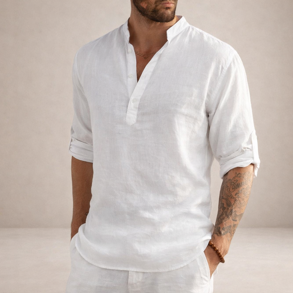 Men's Casual Linen-Blend Henley Shirt