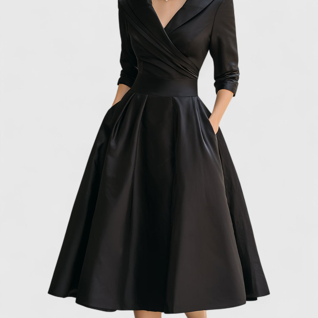 Women's Elegant Satin Wrap Midi Dress with Shawl Collar