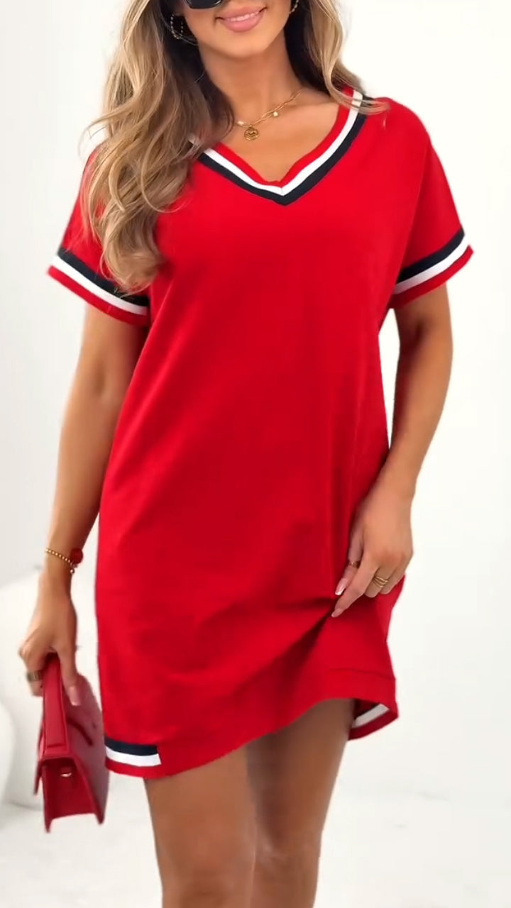 Damen T-Shirt-Kleid mit kontrastierendem V-Ausschnitt und Besatz