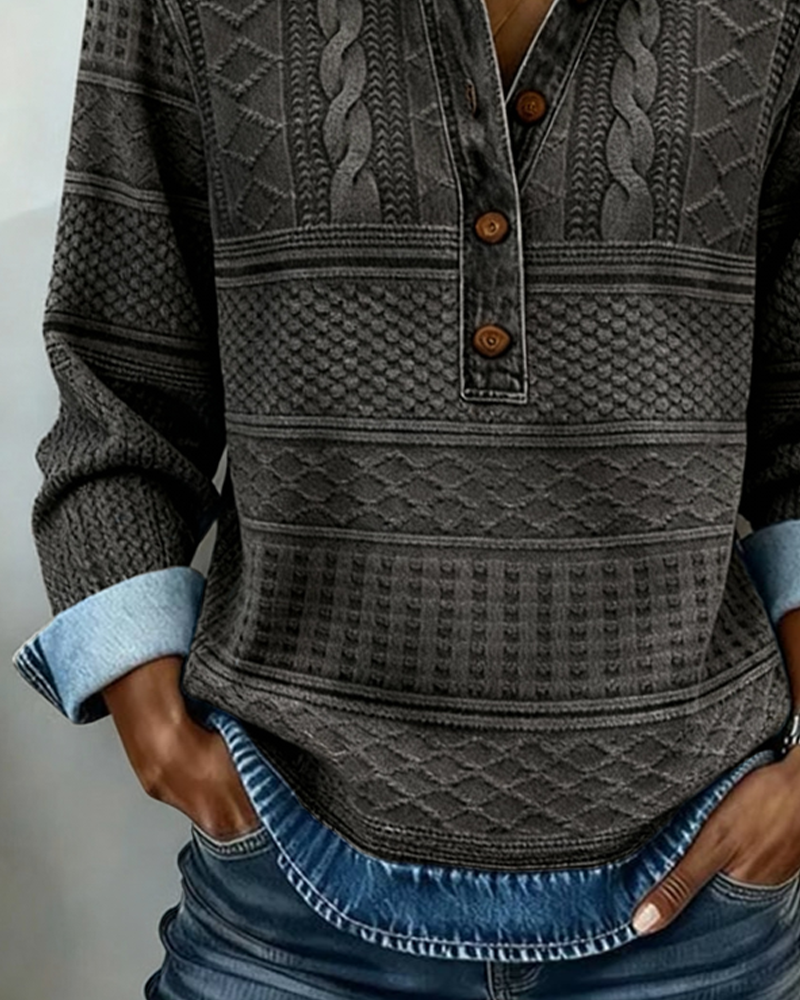 Women's Textured Knit-Print Henley Top with Collar