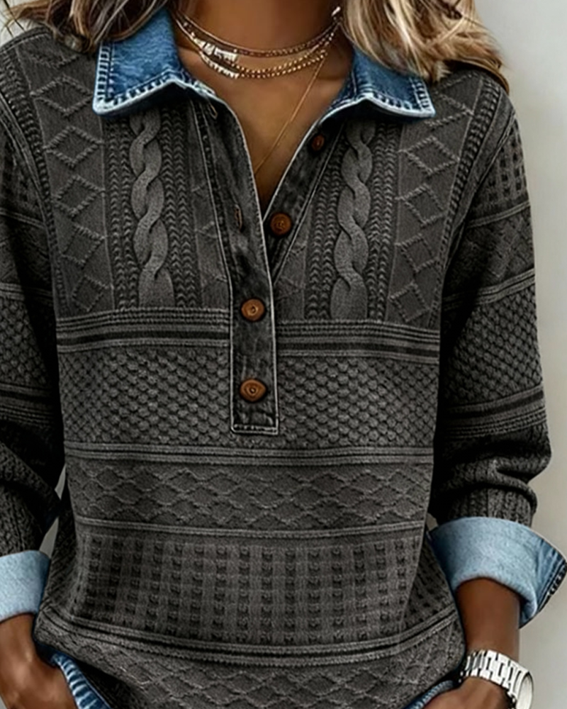 Women's Textured Knit-Print Henley Top with Collar