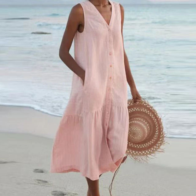 Women's Sleeveless Button-Front Linen Midi Dress