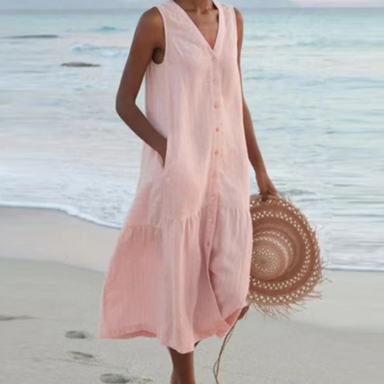 Women's Sleeveless Button-Front Linen Midi Dress