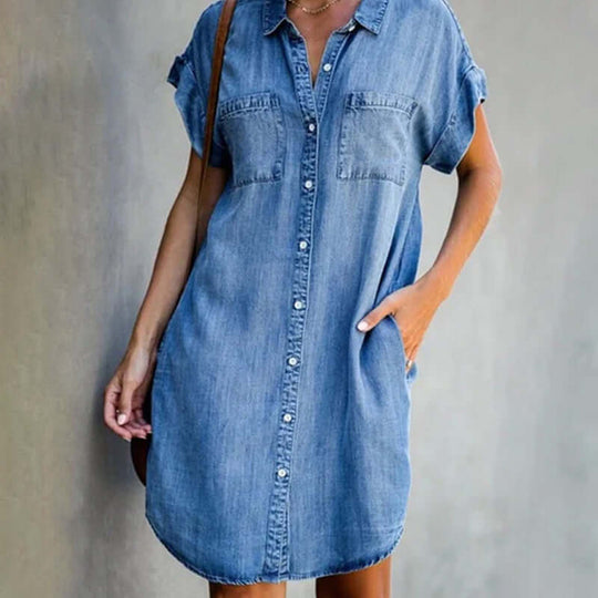 Women's Casual Denim Button-Front Shirt Dress with Pockets