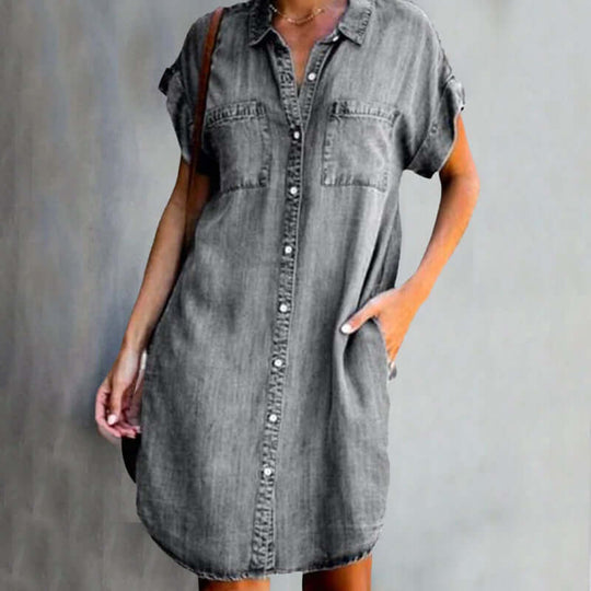 Women's Casual Denim Button-Front Shirt Dress with Pockets