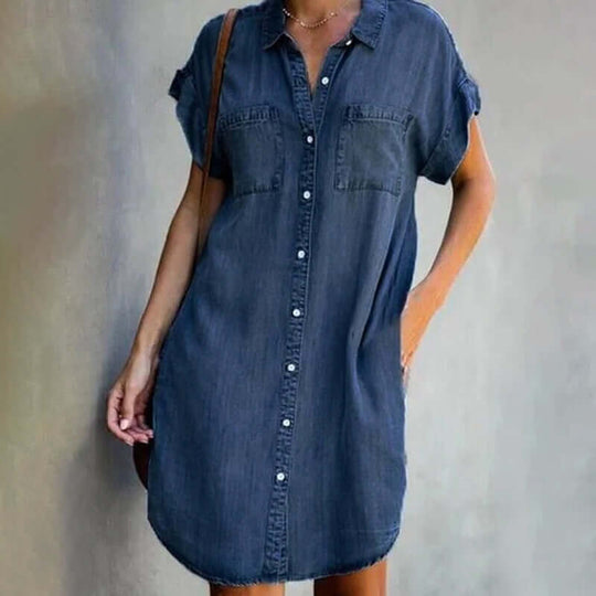 Women's Casual Denim Button-Front Shirt Dress with Pockets
