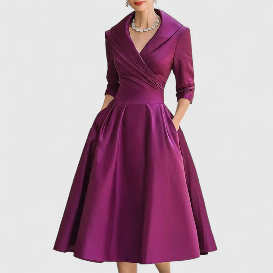 Women's Elegant Satin Wrap Midi Dress with Shawl Collar
