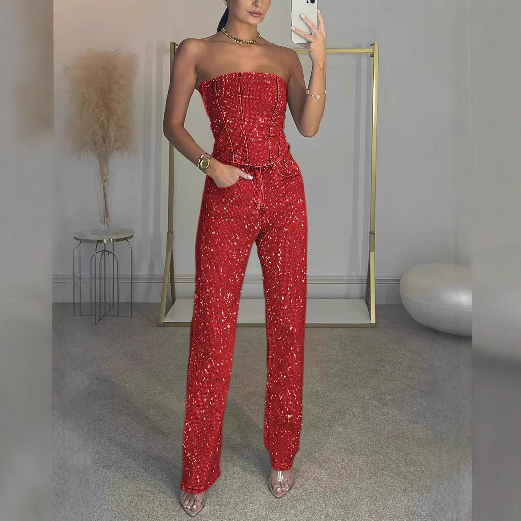 Women's Sequin Corset Top & Wide-Leg Pants Set