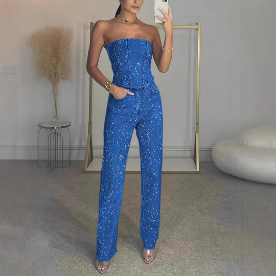 Women's Sequin Corset Top & Wide-Leg Pants Set