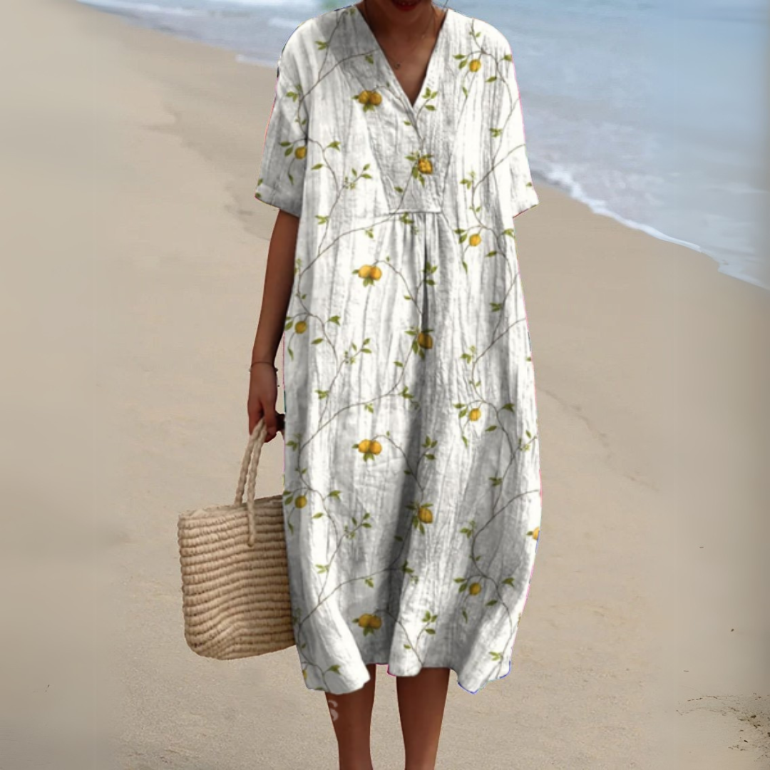Women's Printed Cotton Linen Cocoon Midi Dress