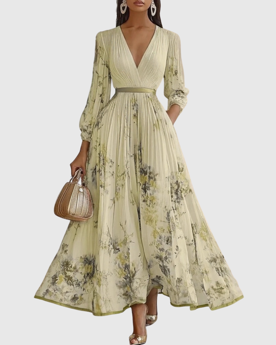 Women's Romantic Floral Pleated Maxi Dress with Deep V-Neck