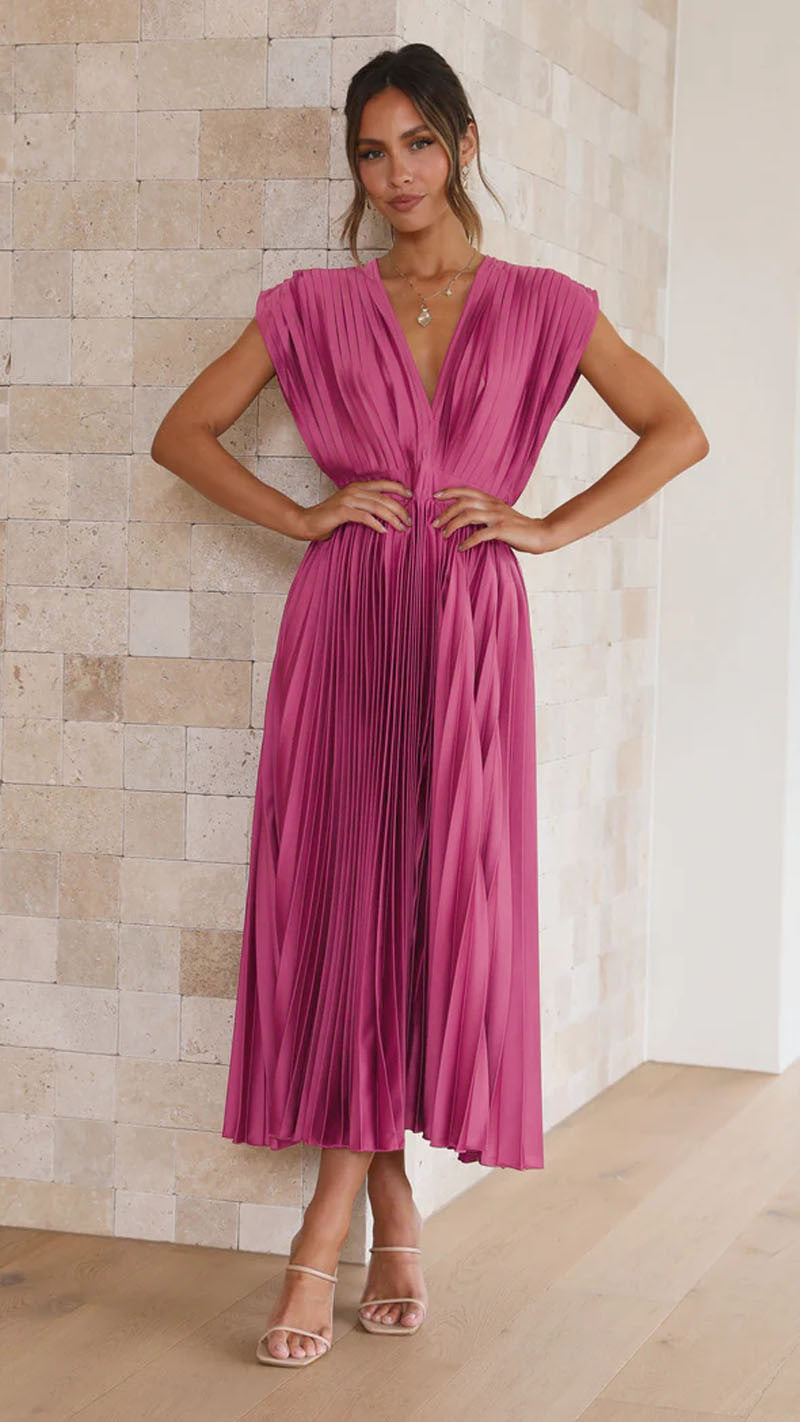 Women's Pleated Deep V-Neck Maxi Dress