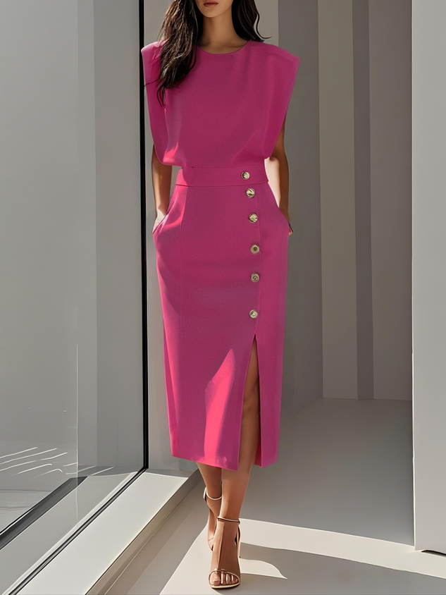 Elegantes ärmelloses Damenblusen- und Midirock-Set mit Knopfdetail