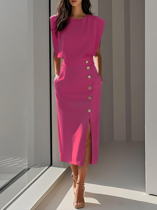 Elegantes ärmelloses Damenblusen- und Midirock-Set mit Knopfdetail