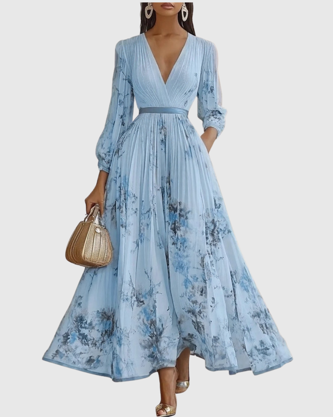 Women's Romantic Floral Pleated Maxi Dress with Deep V-Neck