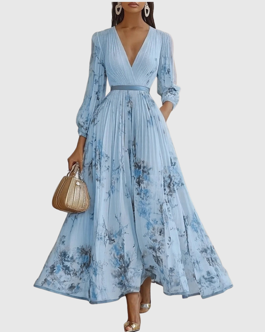 Women's Romantic Floral Pleated Maxi Dress with Deep V-Neck