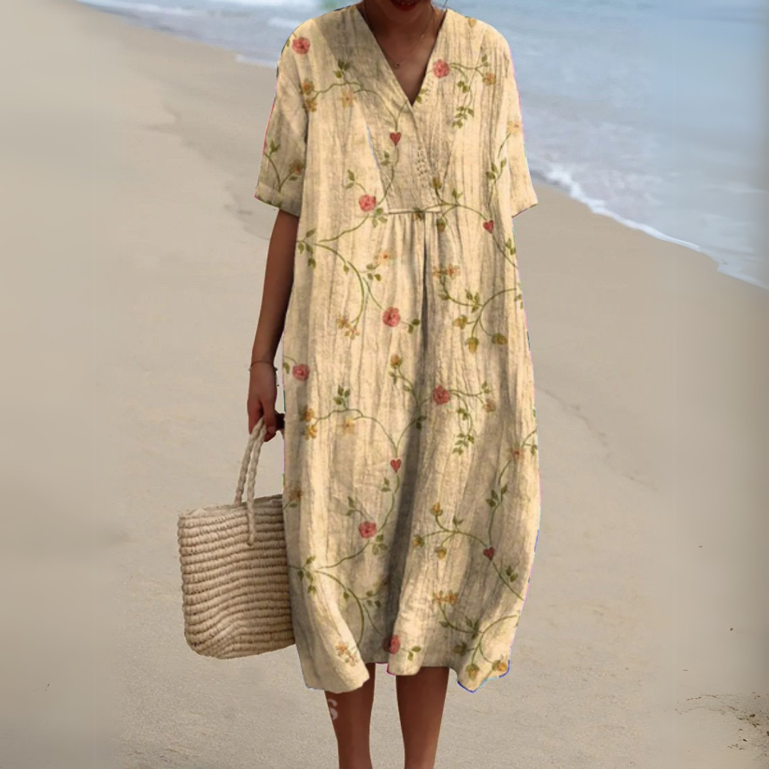 Women's Printed Cotton Linen Cocoon Midi Dress