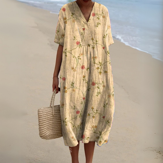 Women's Printed Cotton Linen Cocoon Midi Dress