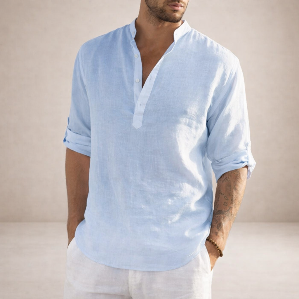 Men's Casual Linen-Blend Henley Shirt