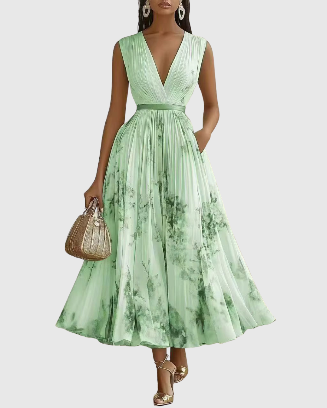 Women's Romantic Floral Pleated Maxi Dress with Deep V-Neck