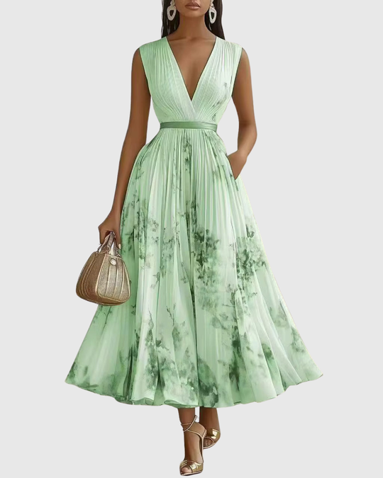 Women's Romantic Floral Pleated Maxi Dress with Deep V-Neck