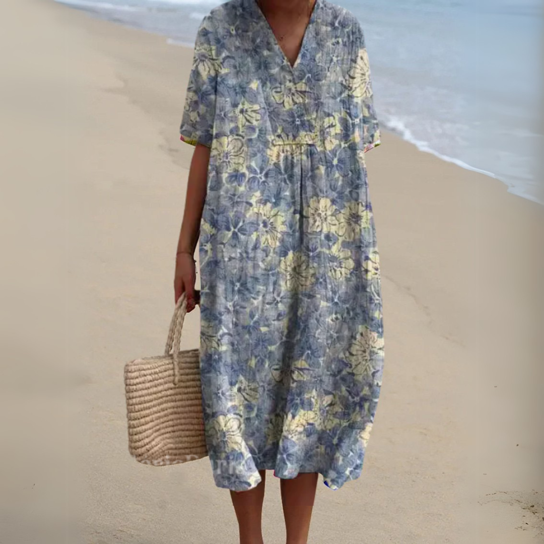 Women's Printed Cotton Linen Cocoon Midi Dress
