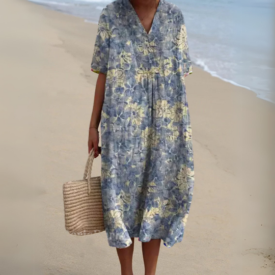 Women's Printed Cotton Linen Cocoon Midi Dress