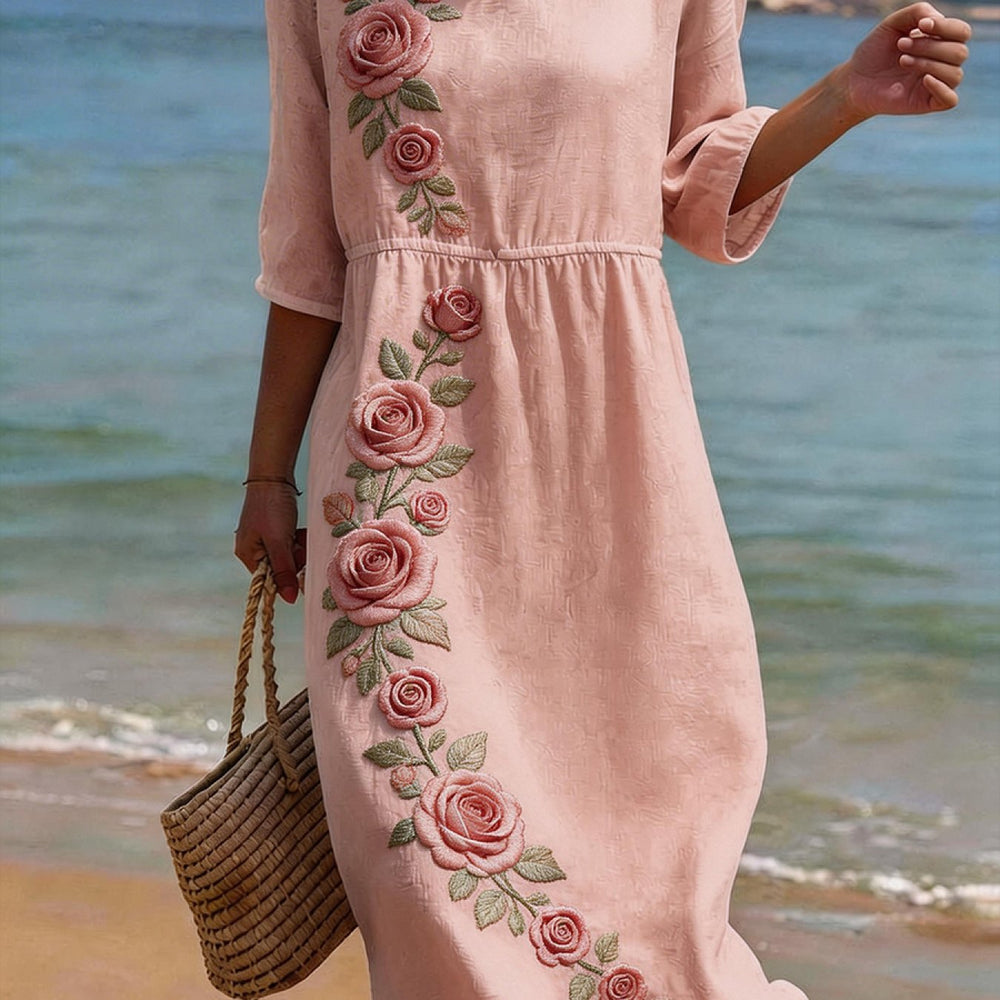 Damen floral besticktes Midi-Kleid mit lockerer Passform
