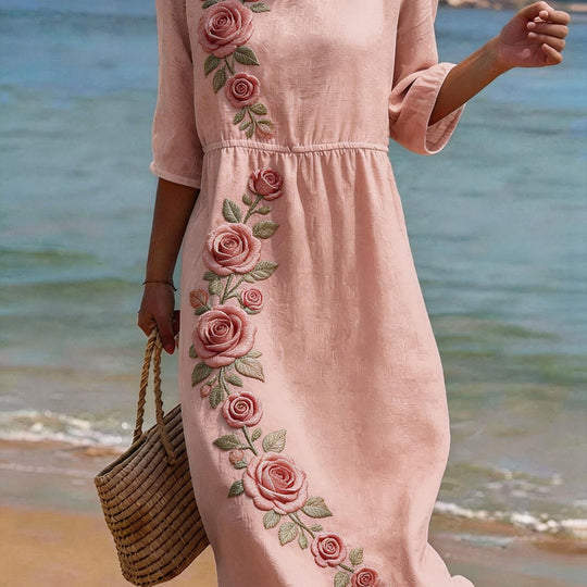 Women's Floral Embroidered Relaxed Fit Midi Dress