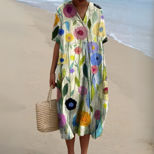 Women's Printed Cotton Linen Cocoon Midi Dress