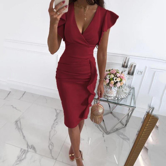 Women's Ruffle Trim Wrap Midi Occasion Dress