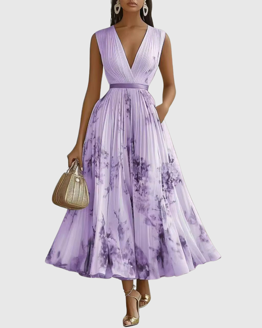 Women's Romantic Floral Pleated Maxi Dress with Deep V-Neck
