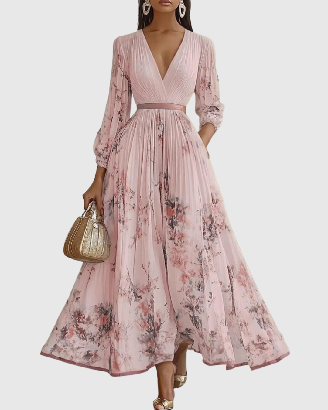 Women's Romantic Floral Pleated Maxi Dress with Deep V-Neck