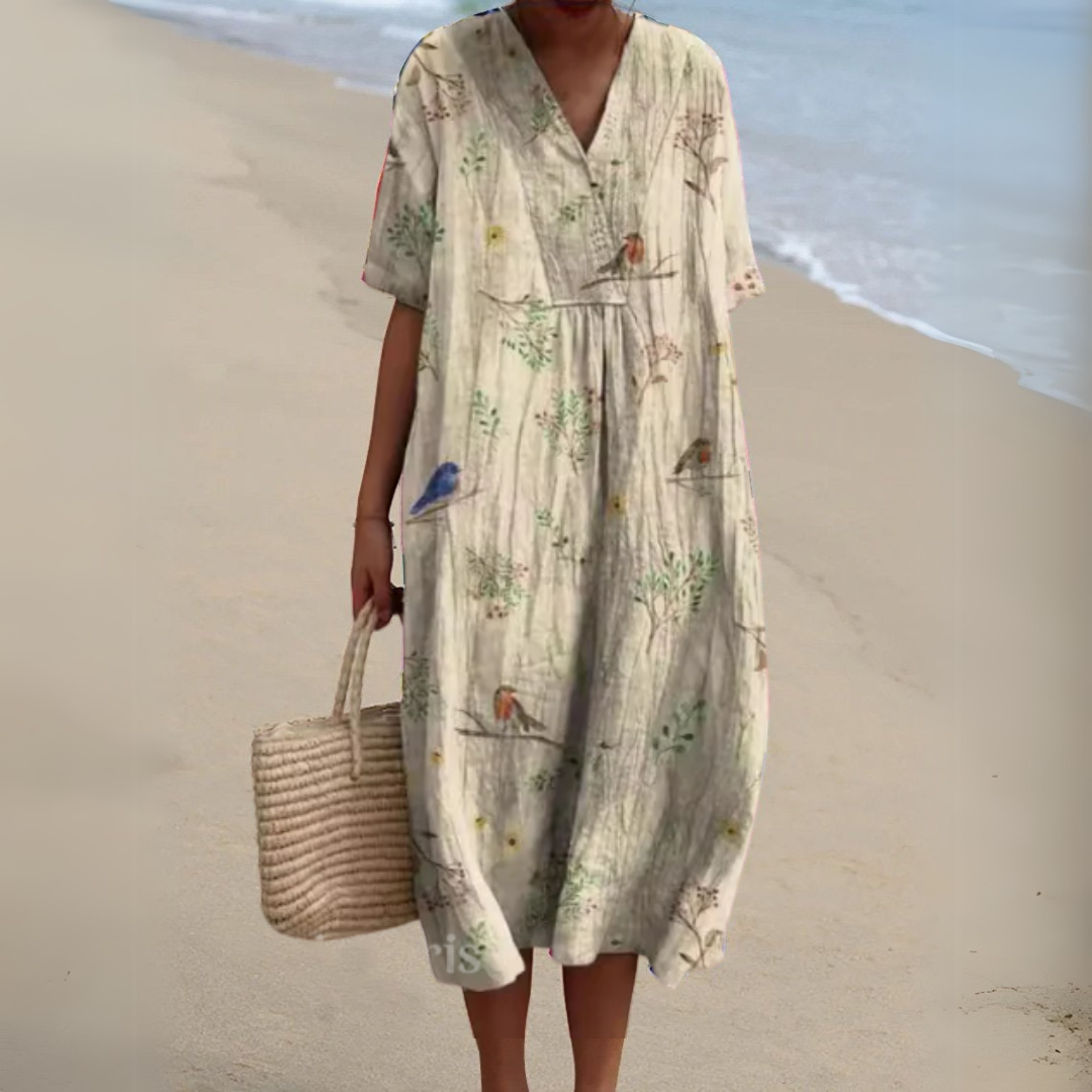 Women's Printed Cotton Linen Cocoon Midi Dress