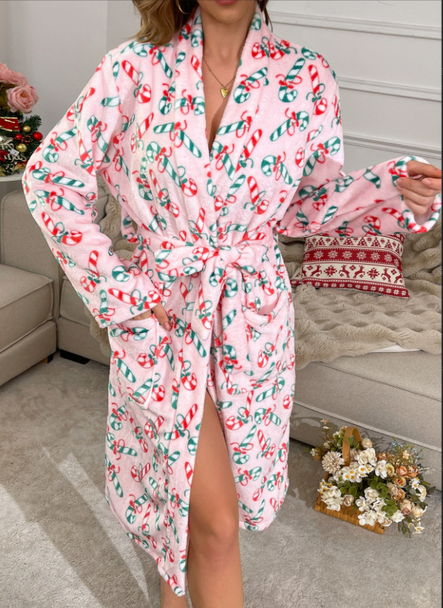 Women's Printed Shawl Collar Bathrobe with Tie Waist