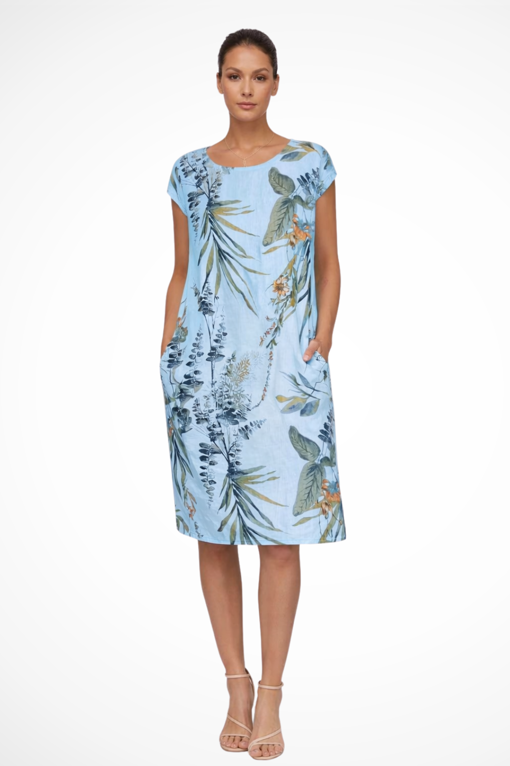 Women's Tropical Leaf Print Shift Dress with Pockets