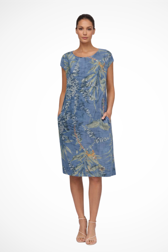 Women's Tropical Leaf Print Shift Dress with Pockets