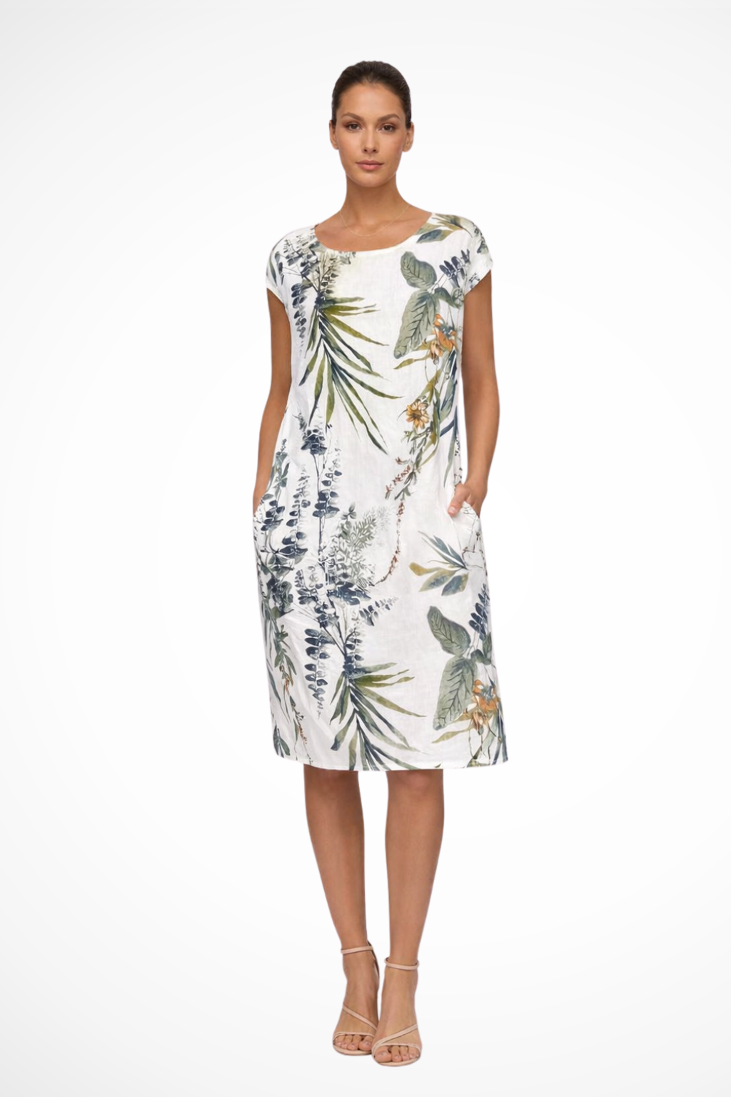 Women's Tropical Leaf Print Shift Dress with Pockets