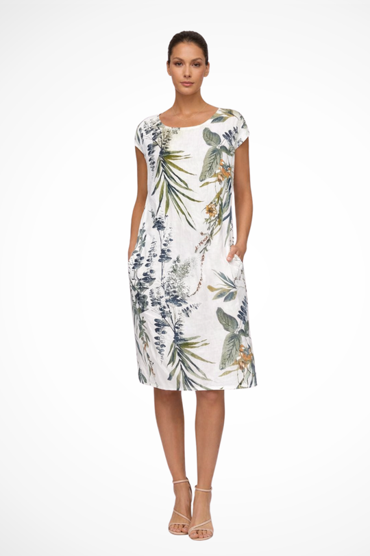 Women's Tropical Leaf Print Shift Dress with Pockets