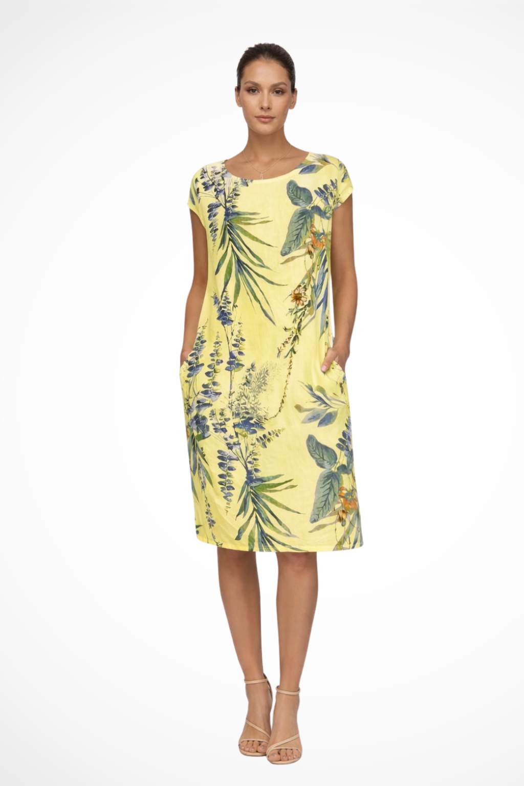 Women's Tropical Leaf Print Shift Dress with Pockets
